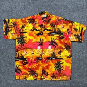 Happy Bay Mens Hawaiian Button Up Shirt Size XL Aloha Tropical Sunset Palm Print